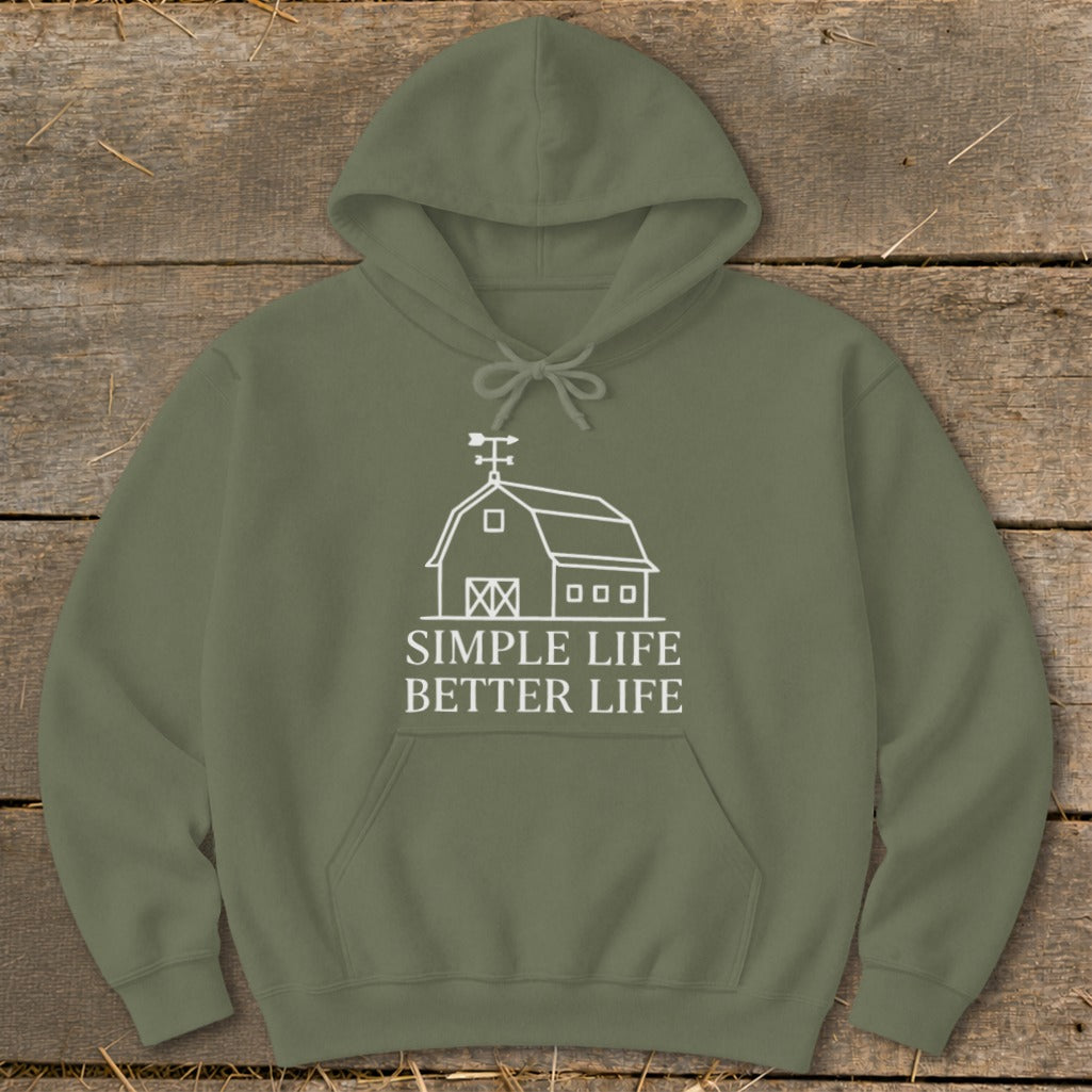 Olive green hoodie with white barn graphic and text: "SIMPLE LIFE BETTER LIFE".