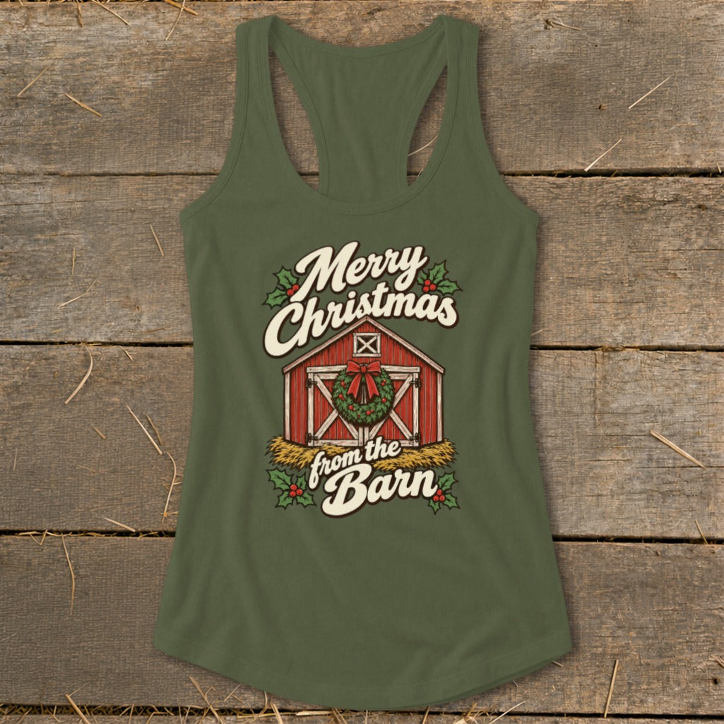 Green tank top with "Merry Christmas from the Barn" text and barn graphic.