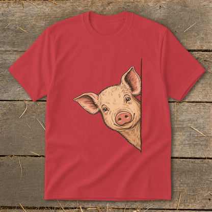 Red t-shirt with a drawing of a smiling pig peeking from the side.