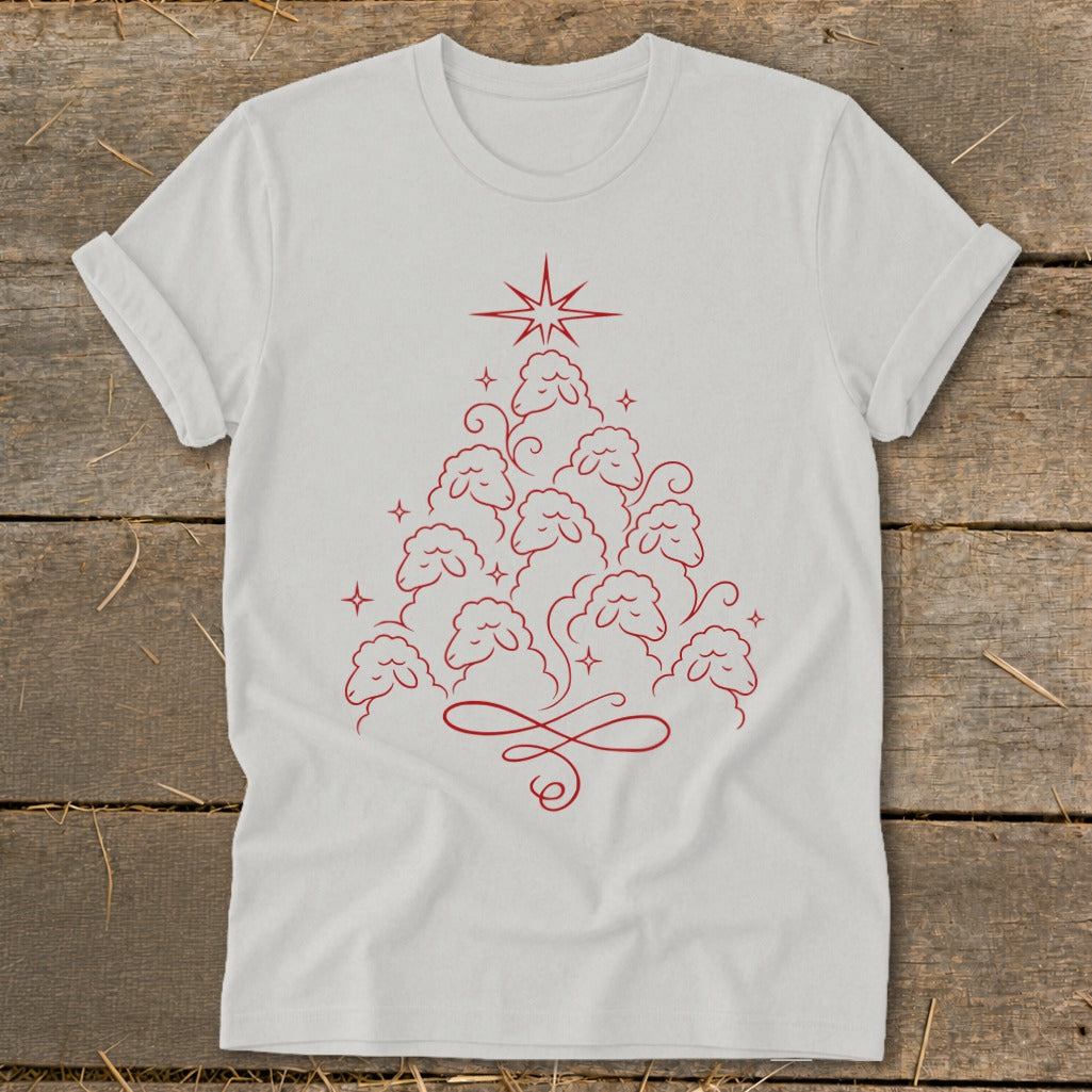 White t-shirt with a red line drawing of a Christmas tree made of sheep.