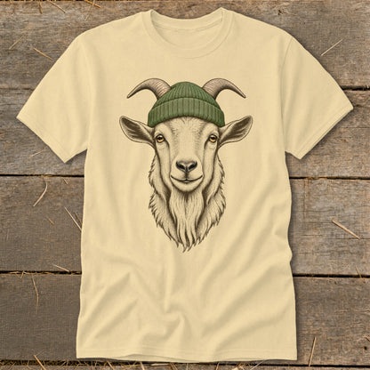 Cream t-shirt with a detailed illustration of a goat wearing a green beanie.