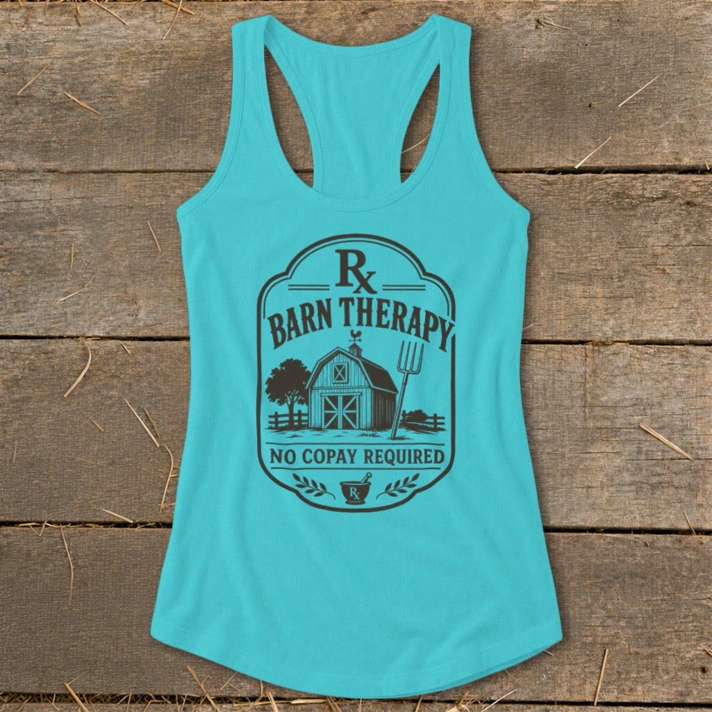 Teal tank top with "Rx Barn Therapy No Copay Required" and barn graphic.
