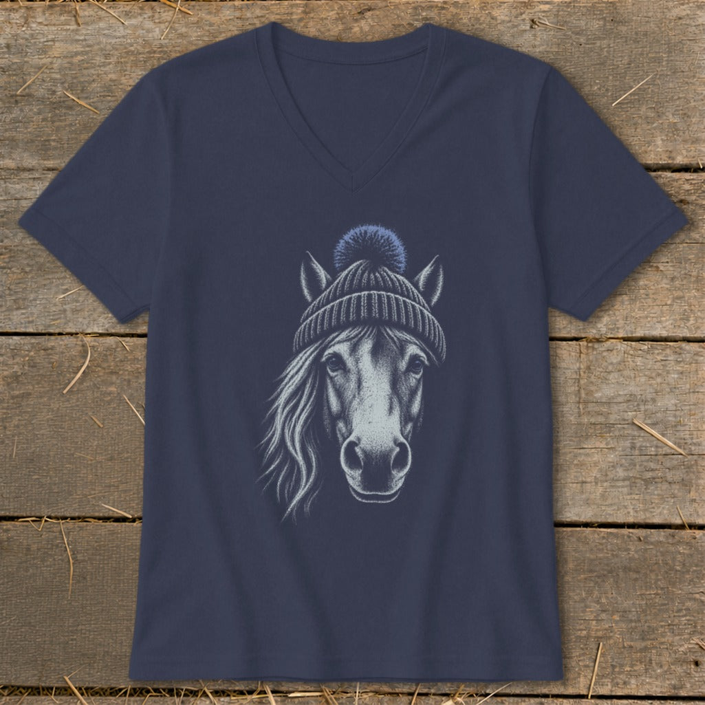 Horse with winter hat graphic on navy blue v-neck t-shirt.