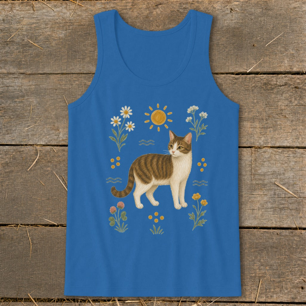 Blue tank top with illustration of a tabby cat surrounded by flowers and sun.