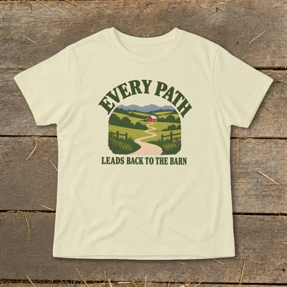 Cream t-shirt with "Every Path Leads Back to the Barn" text and farm illustration.