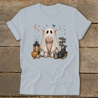 Pig dressed as a ghost with Halloween decorations, "Spooky Beware Boo!" sign.