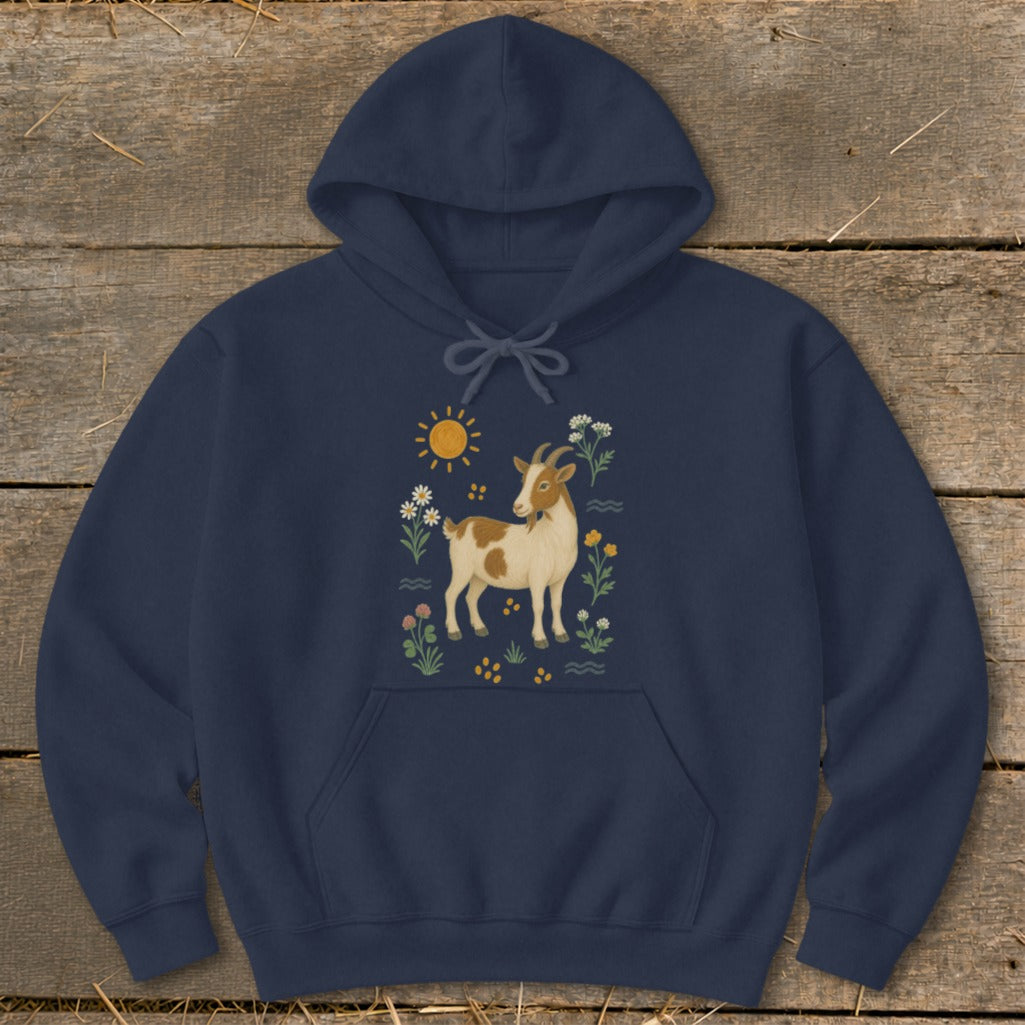Navy hoodie with a goat, sun, and flowers graphic design.