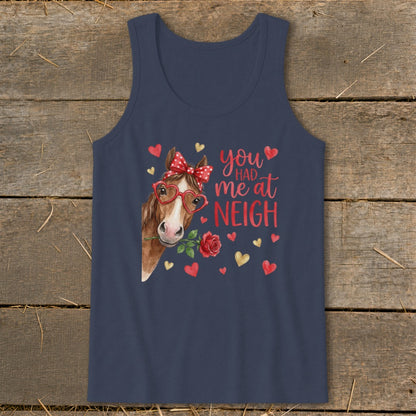 Navy tank top with a horse wearing heart glasses, holding a rose, and text "you had me at NEIGH".