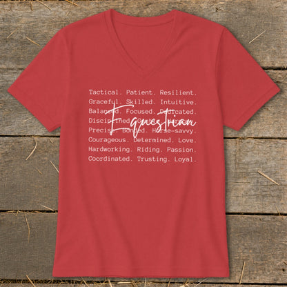 Red v-neck t-shirt with "Equestrian" and descriptive words in white text.