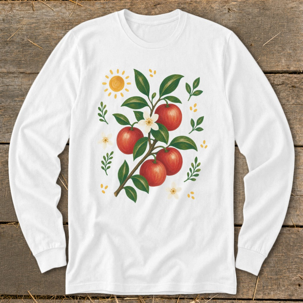 White long-sleeve shirt with a red apple branch illustration and a sun.