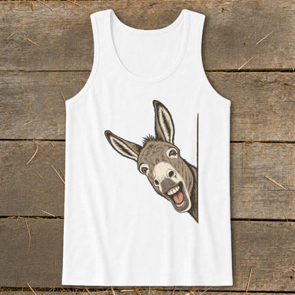 White tank top featuring a grinning cartoon donkey peeking from the side.