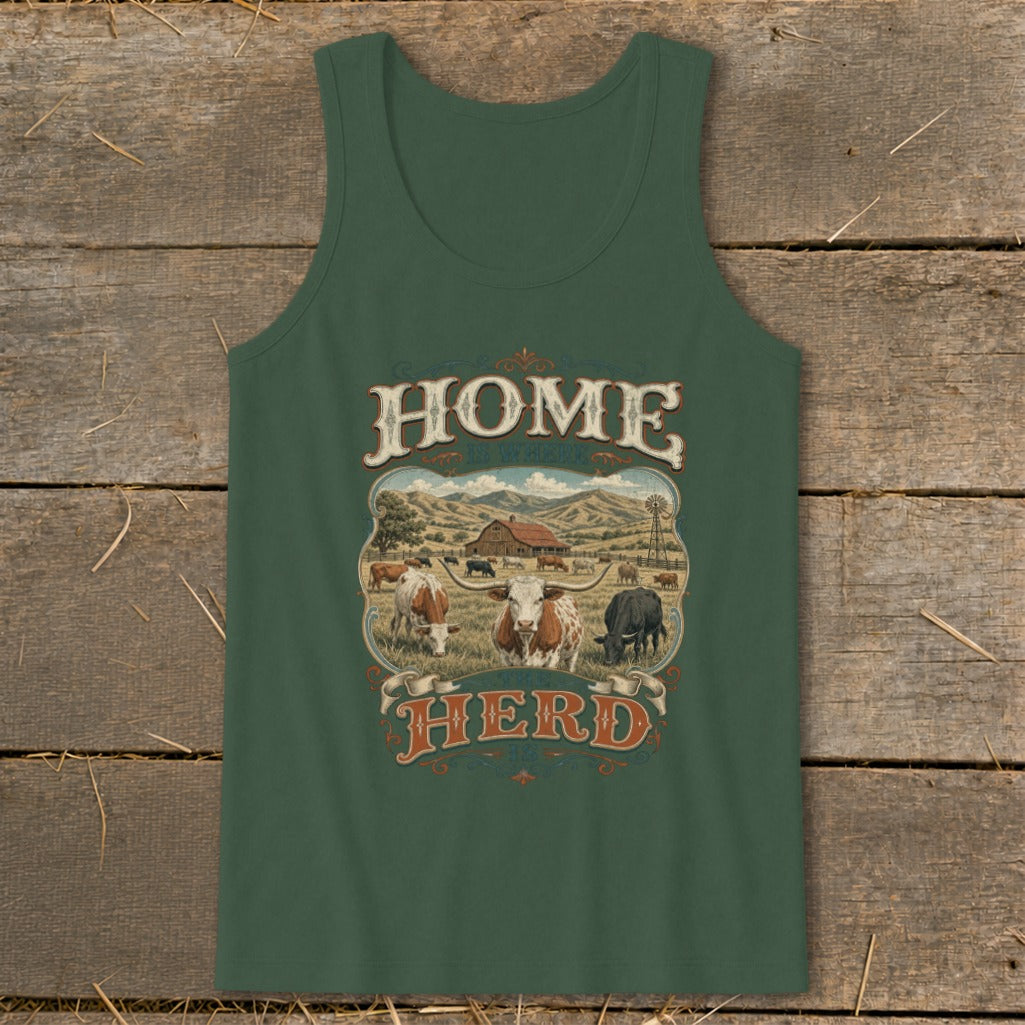 Green tank top with "HOME IS WHERE THE HERD IS" and farm scene graphic.