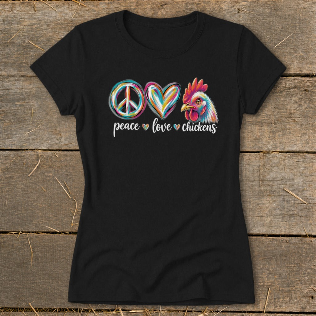 Black t-shirt with peace, love, heart, and chicken graphic and text.