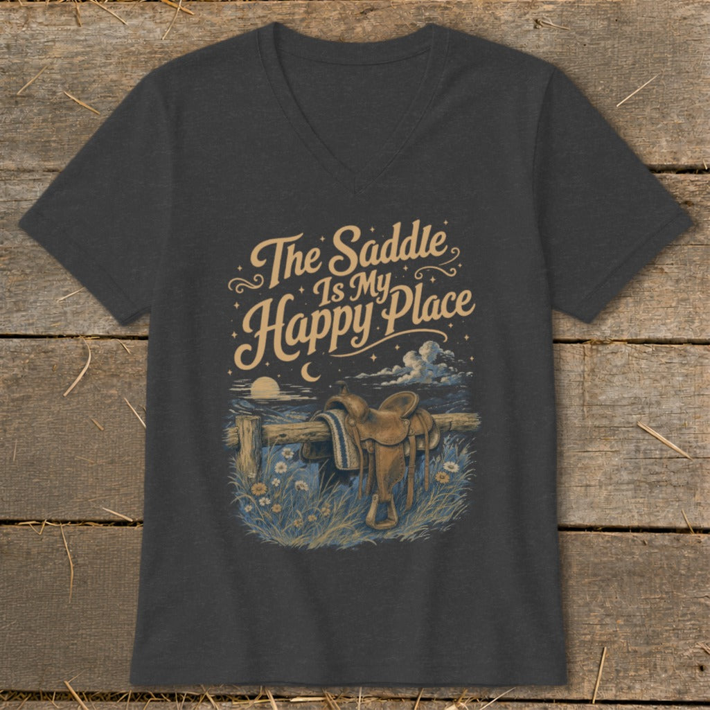 Dark gray t-shirt with "The Saddle Is My Happy Place" text and saddle on fence.