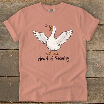 Cartoon goose with wings spread and text "Head of Security" below.