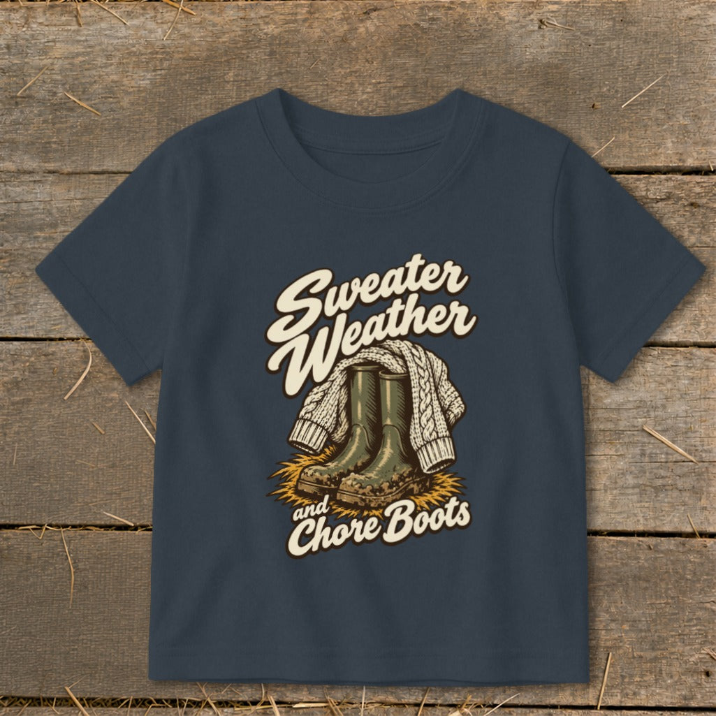 T-shirt graphic: Sweater Weather and Chore Boots with boots and sweater.
