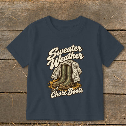 T-shirt graphic: Sweater Weather and Chore Boots with boots and sweater.