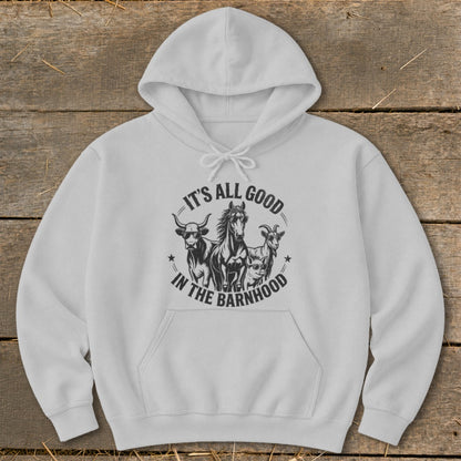White hoodie with "IT'S ALL GOOD IN THE BARNHOOD" text and farm animal graphics.