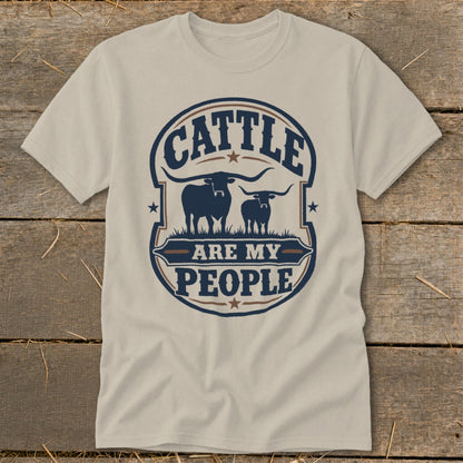 T-shirt with "Cattle are my people" text and two longhorn cattle silhouettes.
