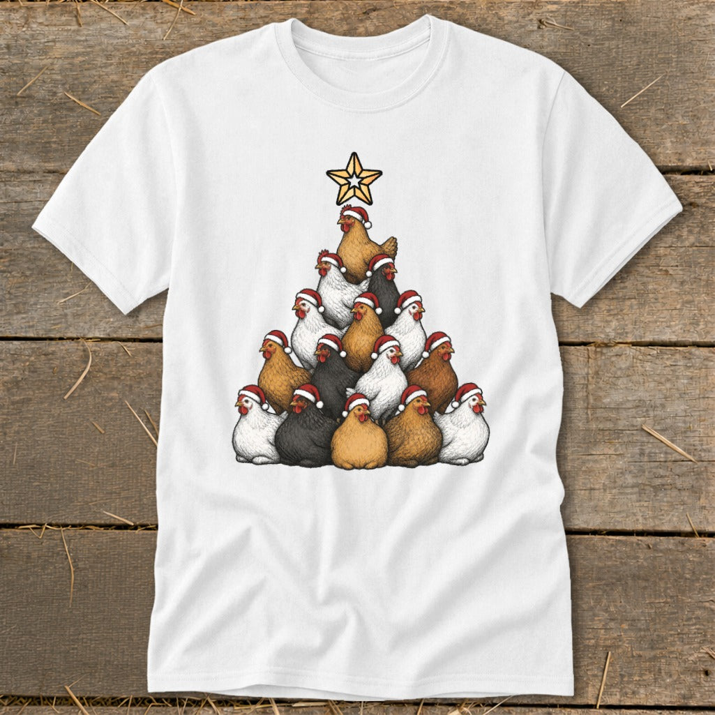 White t-shirt with a Christmas tree made of chickens wearing Santa hats.