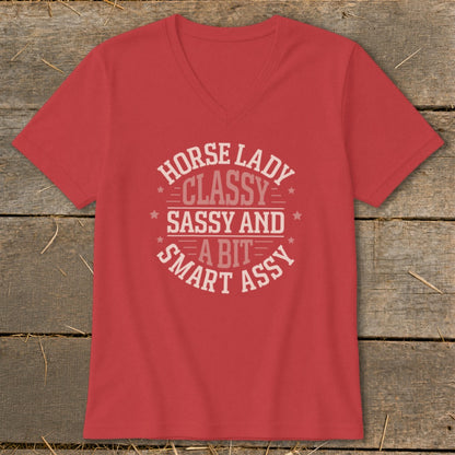 Red v-neck t-shirt with text "Horse Lady Classy Sassy and a Bit Smart Assy".