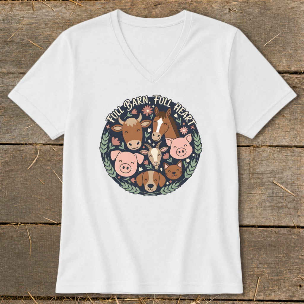 White t-shirt with circular farm animal graphic and text "FULL BARN, FULL HEART."