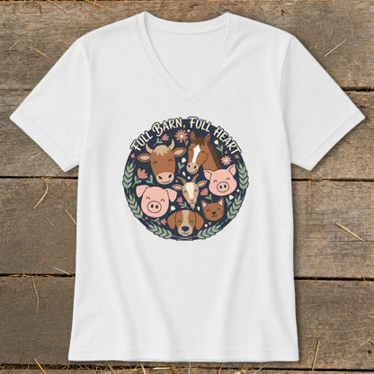 White t-shirt with circular farm animal graphic and text "FULL BARN, FULL HEART."