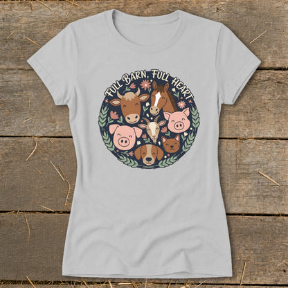 Light gray t-shirt with "FULL BARN, FULL HEART" text and farm animals in a circle.