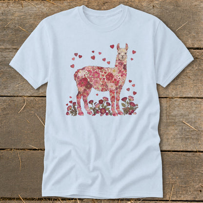 Light blue t-shirt with a llama made of pink flowers and hearts.