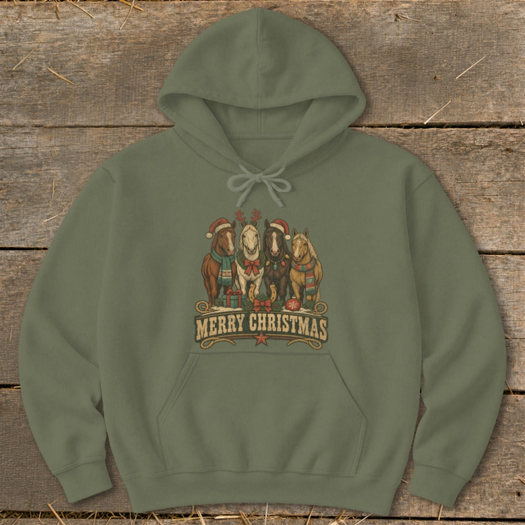Olive green hoodie with four horses wearing Santa hats and scarves, text says Merry Christmas.
