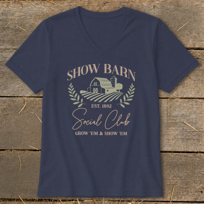 Navy v-neck t-shirt with "Show Barn Social Club" text and barn graphic.