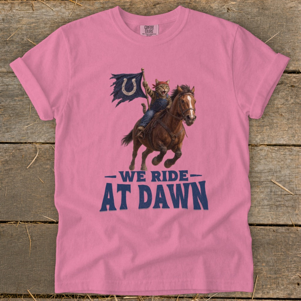 Pink t-shirt featuring a cat riding a horse, waving a horseshoe flag. Text reads "WE RIDE AT DAWN."