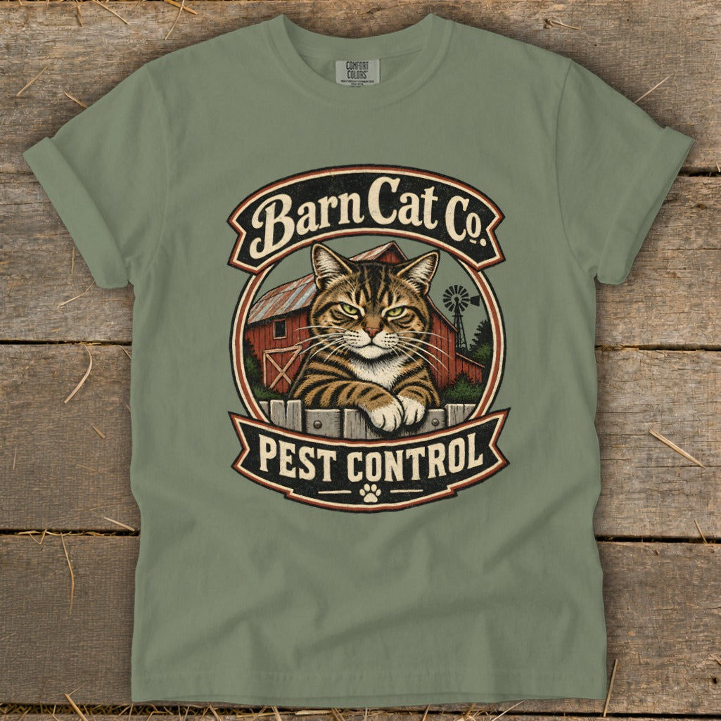 Olive green t-shirt with a vintage graphic of a tabby cat and Barn Cat Co Pest Control text.
