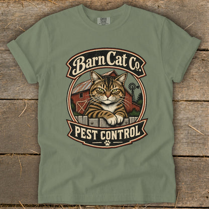 Olive green t-shirt with a vintage graphic of a tabby cat and Barn Cat Co Pest Control text.