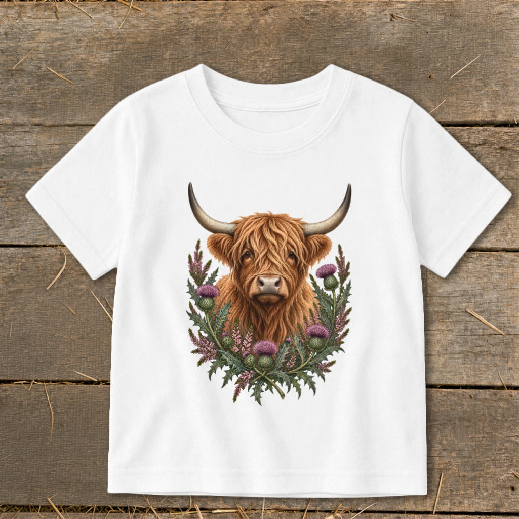 Highland cow with horns surrounded by thistles on a white t-shirt.