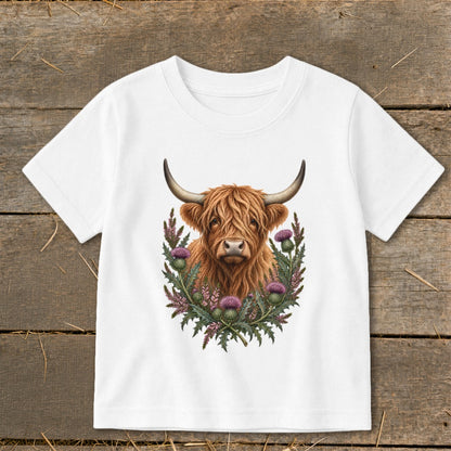 Highland cow with horns surrounded by thistles on a white t-shirt.