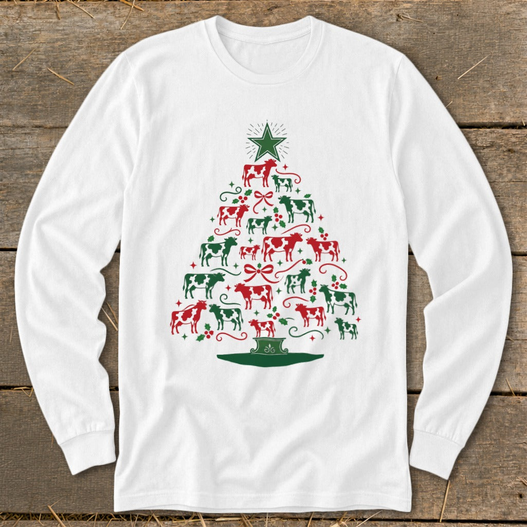 White long sleeve shirt with a Christmas tree made of red and green cows.