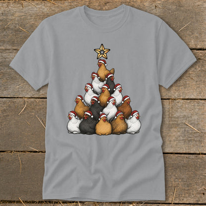 Group of chickens wearing Santa hats form a Christmas tree shape with a star on top.