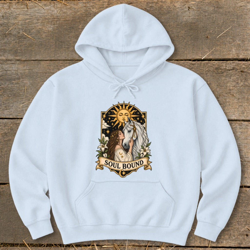 Light blue hoodie with a graphic of a woman and horse under a sun, reading "SOUL BOUND".