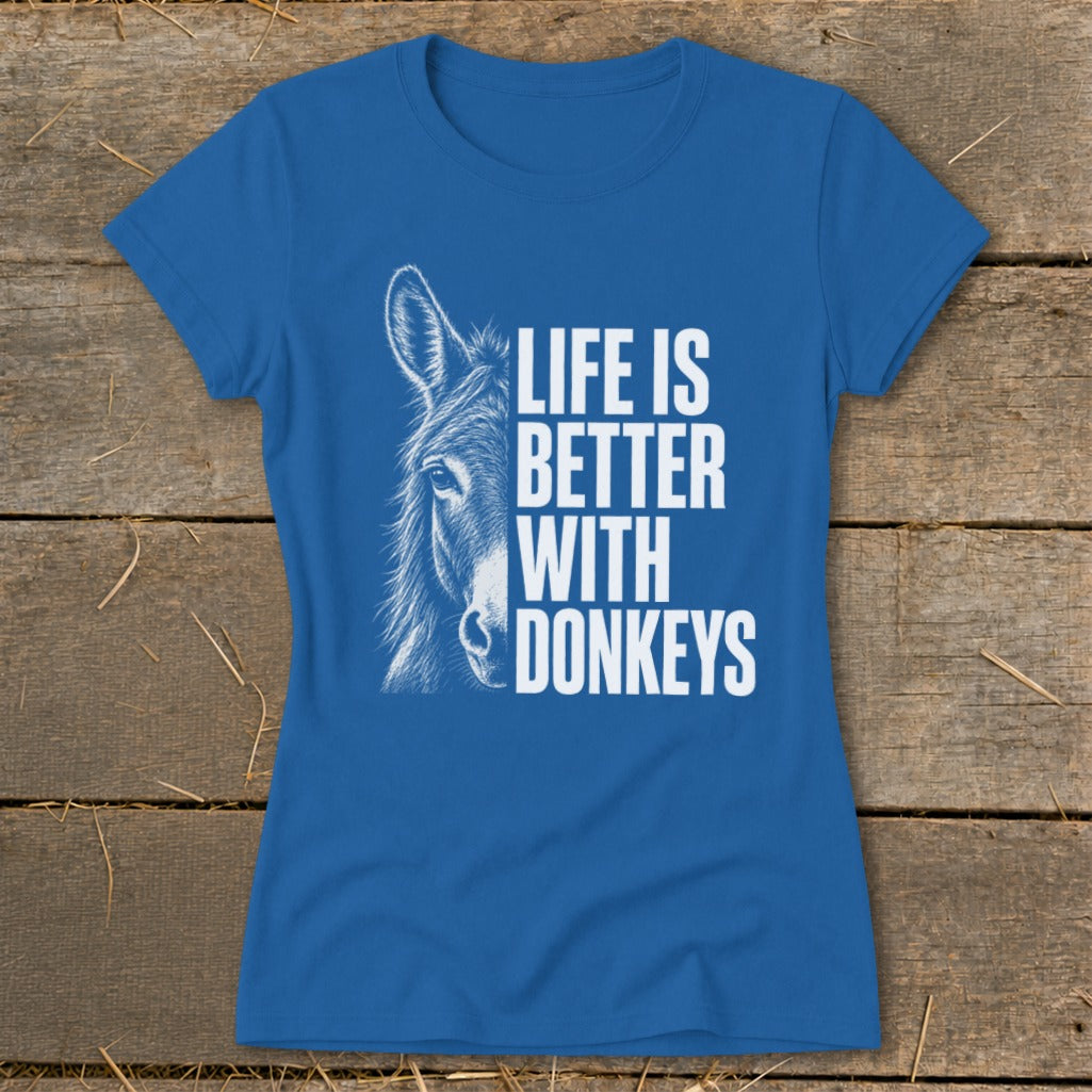 Blue t-shirt with a donkey sketch and the text "Life is Better With Donkeys".