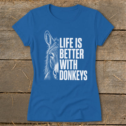 Blue t-shirt with a donkey sketch and the text "Life is Better With Donkeys".