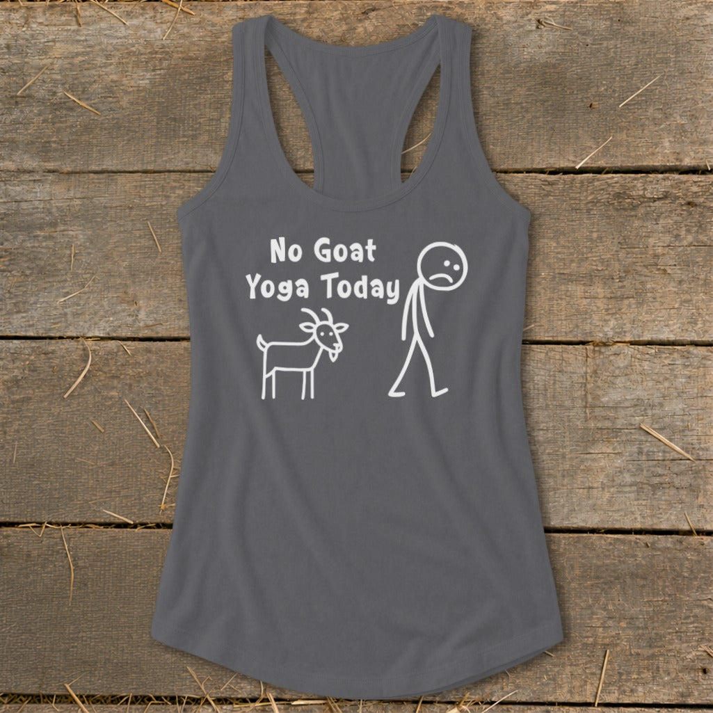 Gray tank top with white text and stick figures of a goat and a sad person.