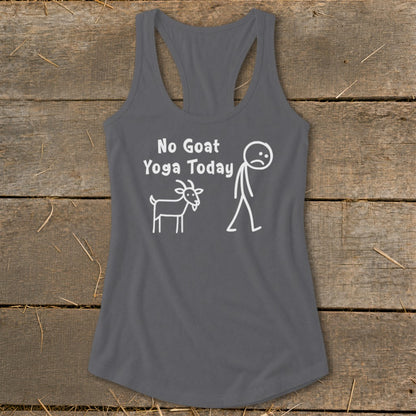 Gray tank top with white text and stick figures of a goat and a sad person.