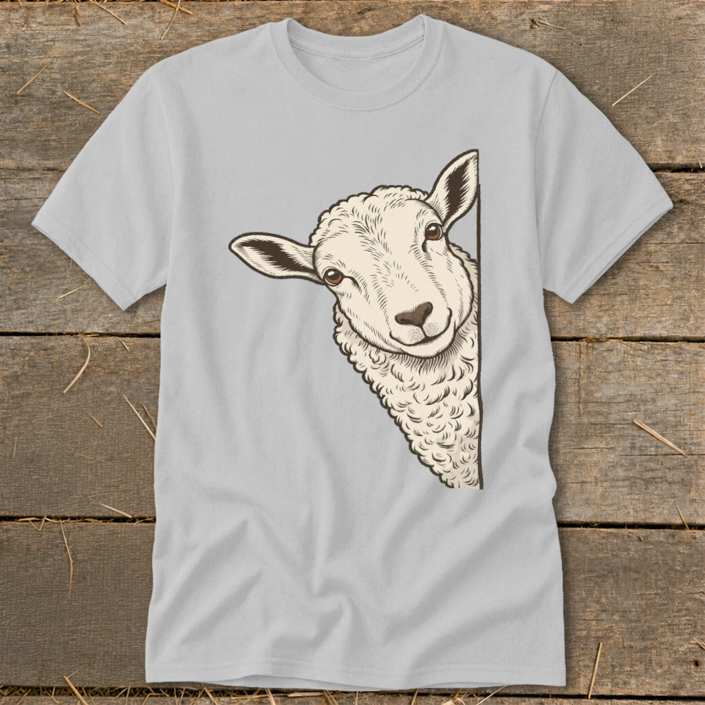 A light grey t-shirt with a drawing of a sheep peeking from the side.