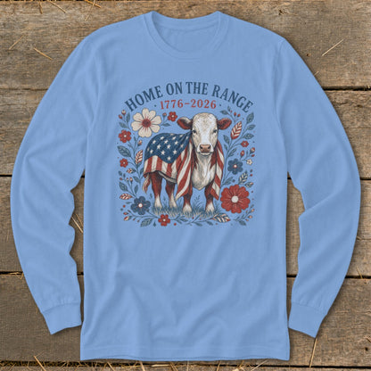 Cow draped in American flag, surrounded by flowers, text "HOME ON THE RANGE 1776-2026".