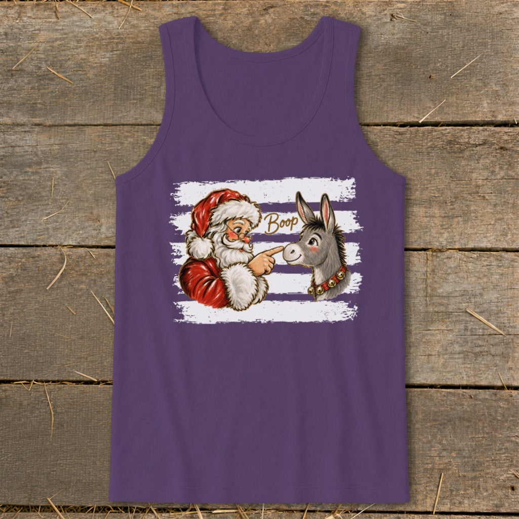 Santa booping a donkey with "Boop" text, against a striped background.