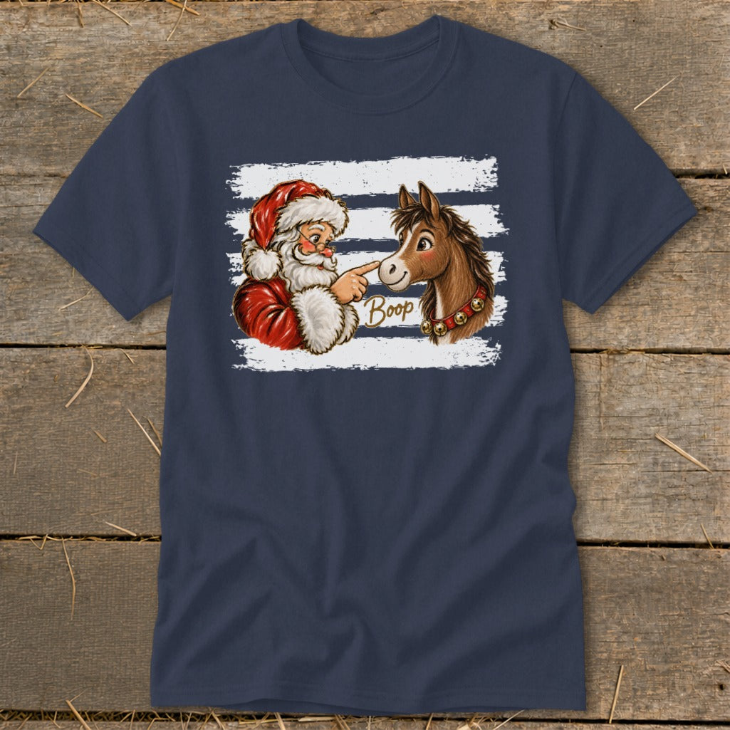 Santa booping a horse with "Boop" text on a navy blue t-shirt.