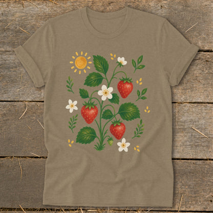 T-shirt with illustration of a strawberry plant, flowers, sun, and yellow dots.