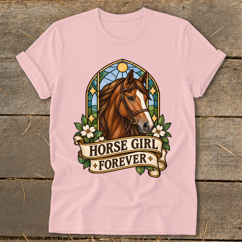 Pink t-shirt with a brown horse head design and "HORSE GIRL FOREVER" text.