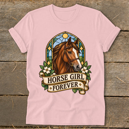 Pink t-shirt with a brown horse head design and "HORSE GIRL FOREVER" text.